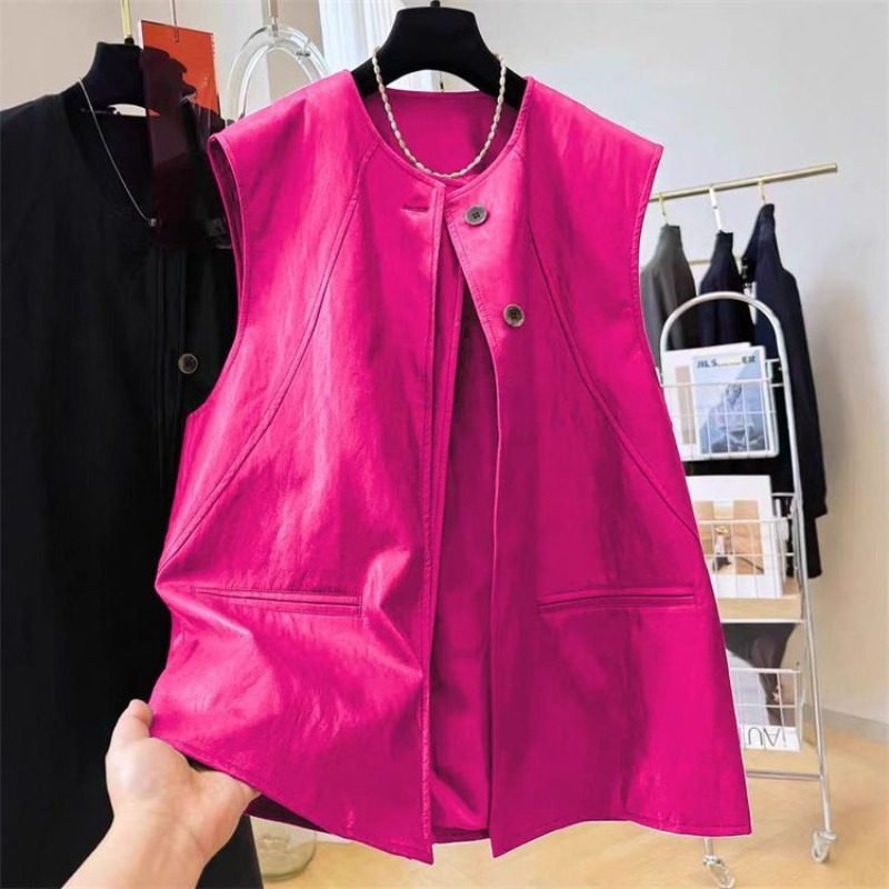 Women'S Fashion Petite - Zwart leren mouwloos jasje, slankmakend, veelzijdig,