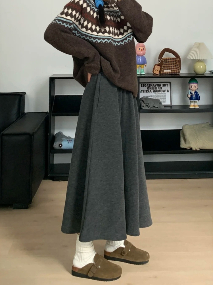 A-Line Skirt Midi - Grijze A-lijn midi-rok geplooide heupbedekkende peer-vormige
