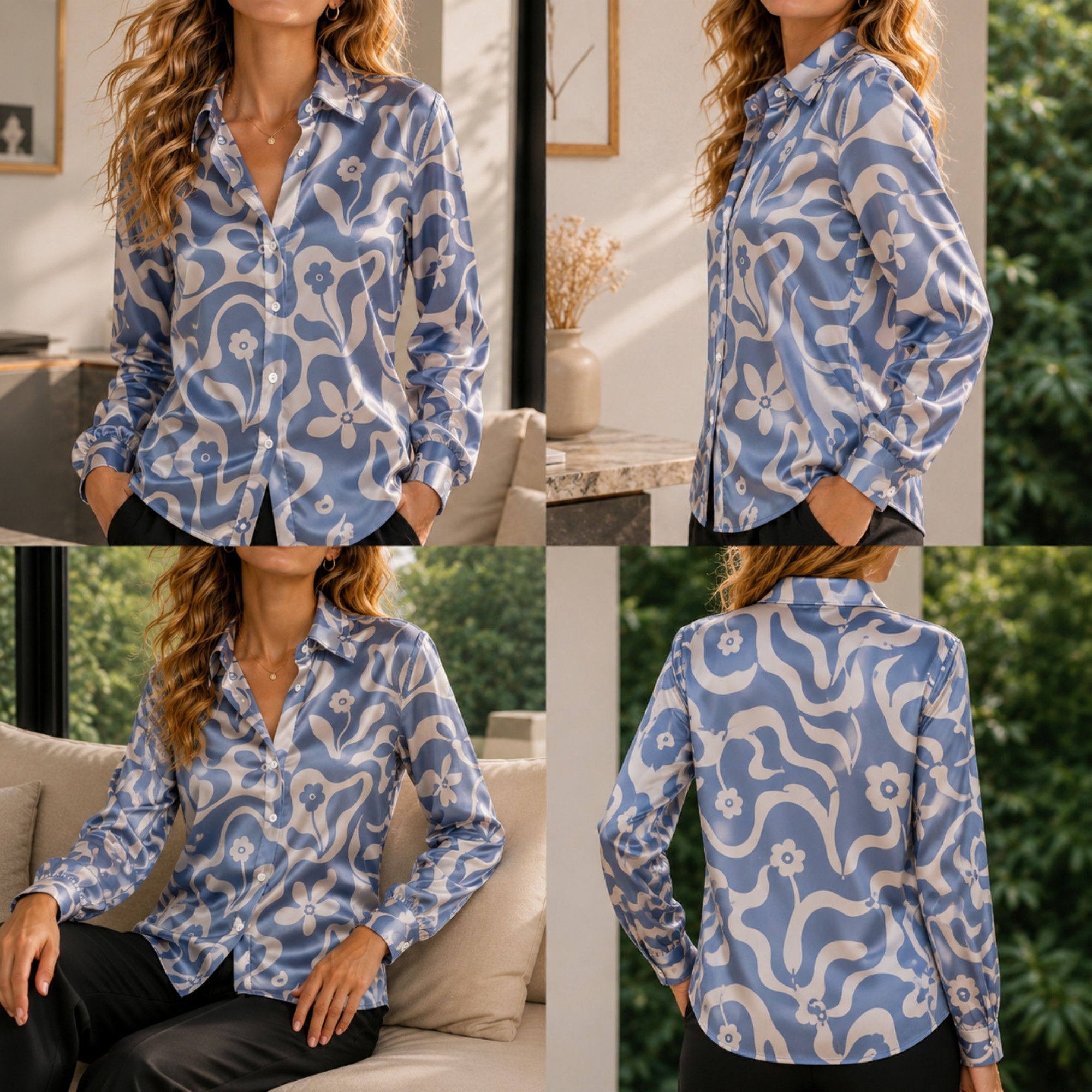 Women Fashion Wear - Groene satijnen blouse met witte bloemenprint,