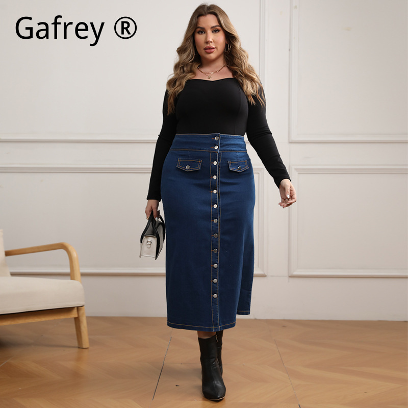 A-Line Skirt Midi - Plus size high waist jeansrok met