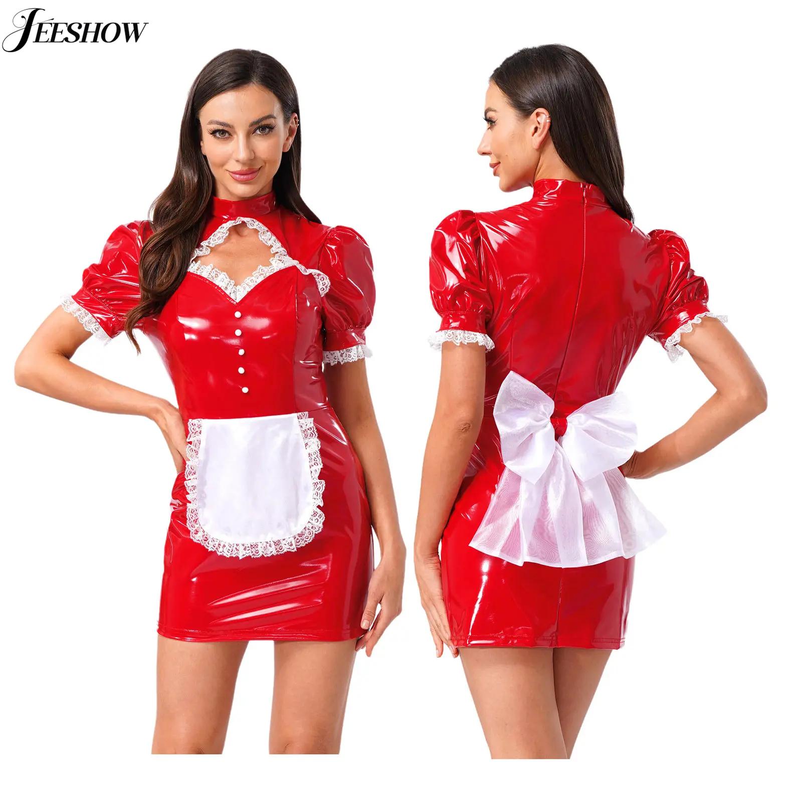 Bodycon Dress Women - Womens Franse meid kostuum lakleer kanten