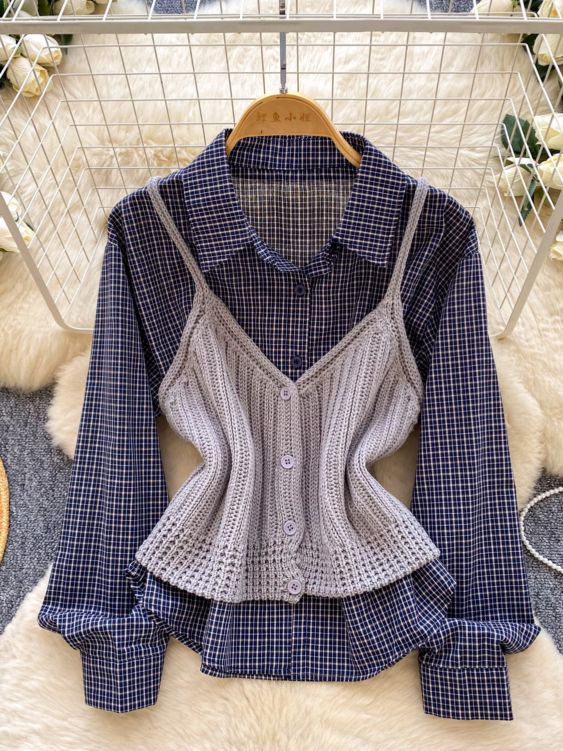 Knitted Vest Women - College geruite gebreide vest en shirt