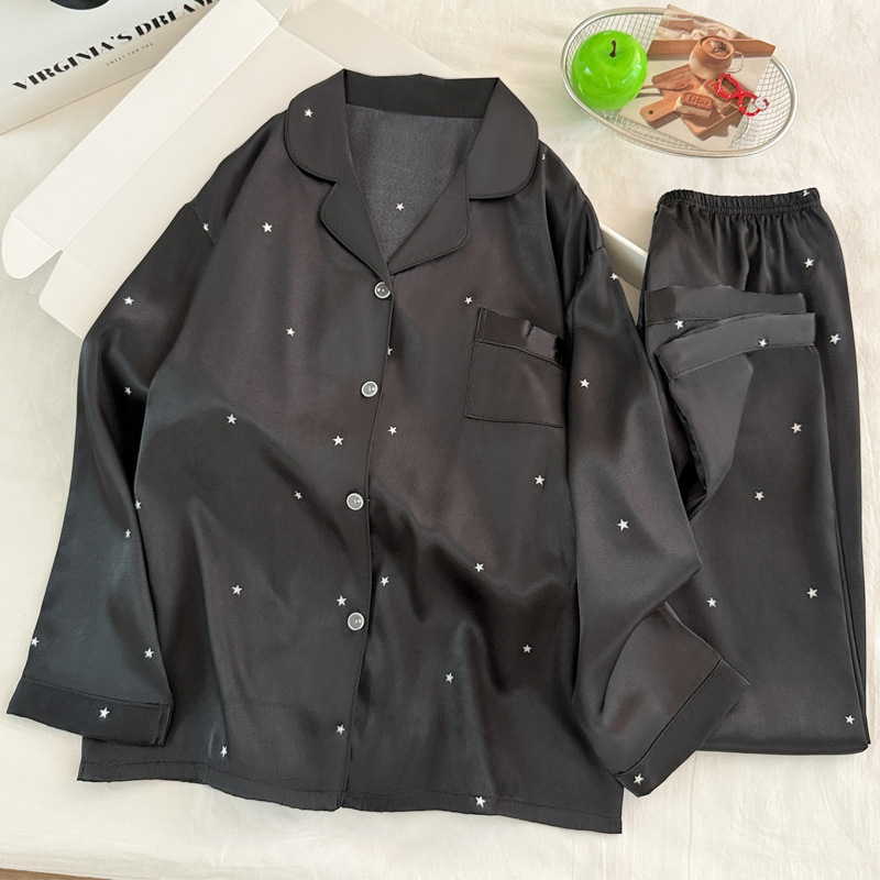 Women Fashion Simple - Modieuze eenvoudige ster zwart ijszijde pyjama