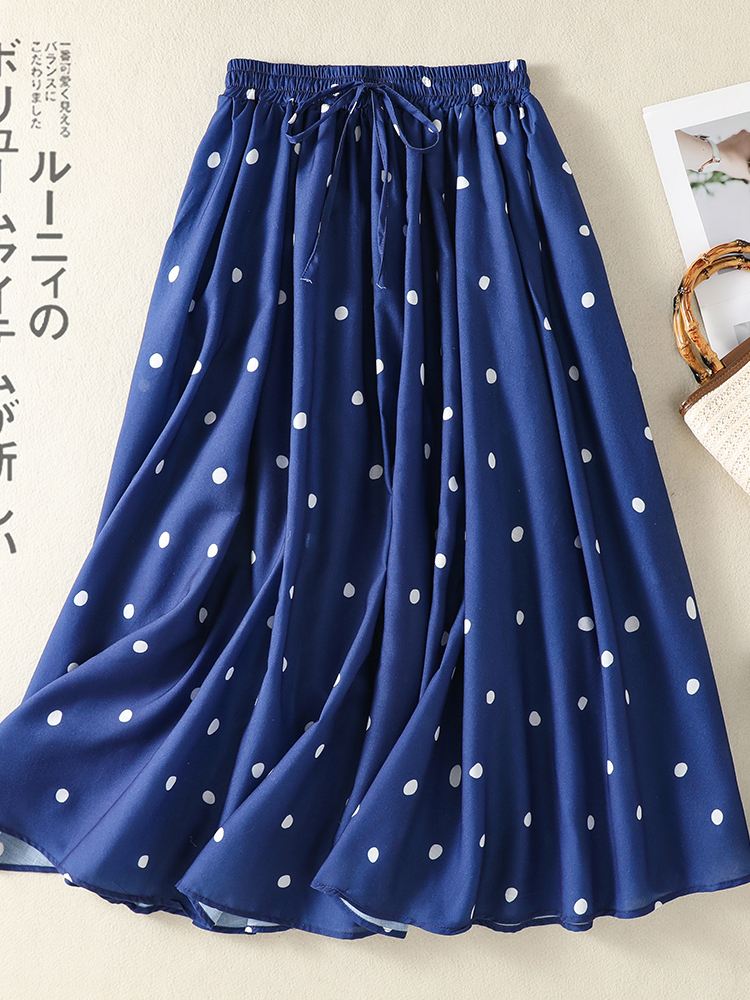A-Line Skirt Midi - Blauwe Polka Dot Print Sash Veelzijdige