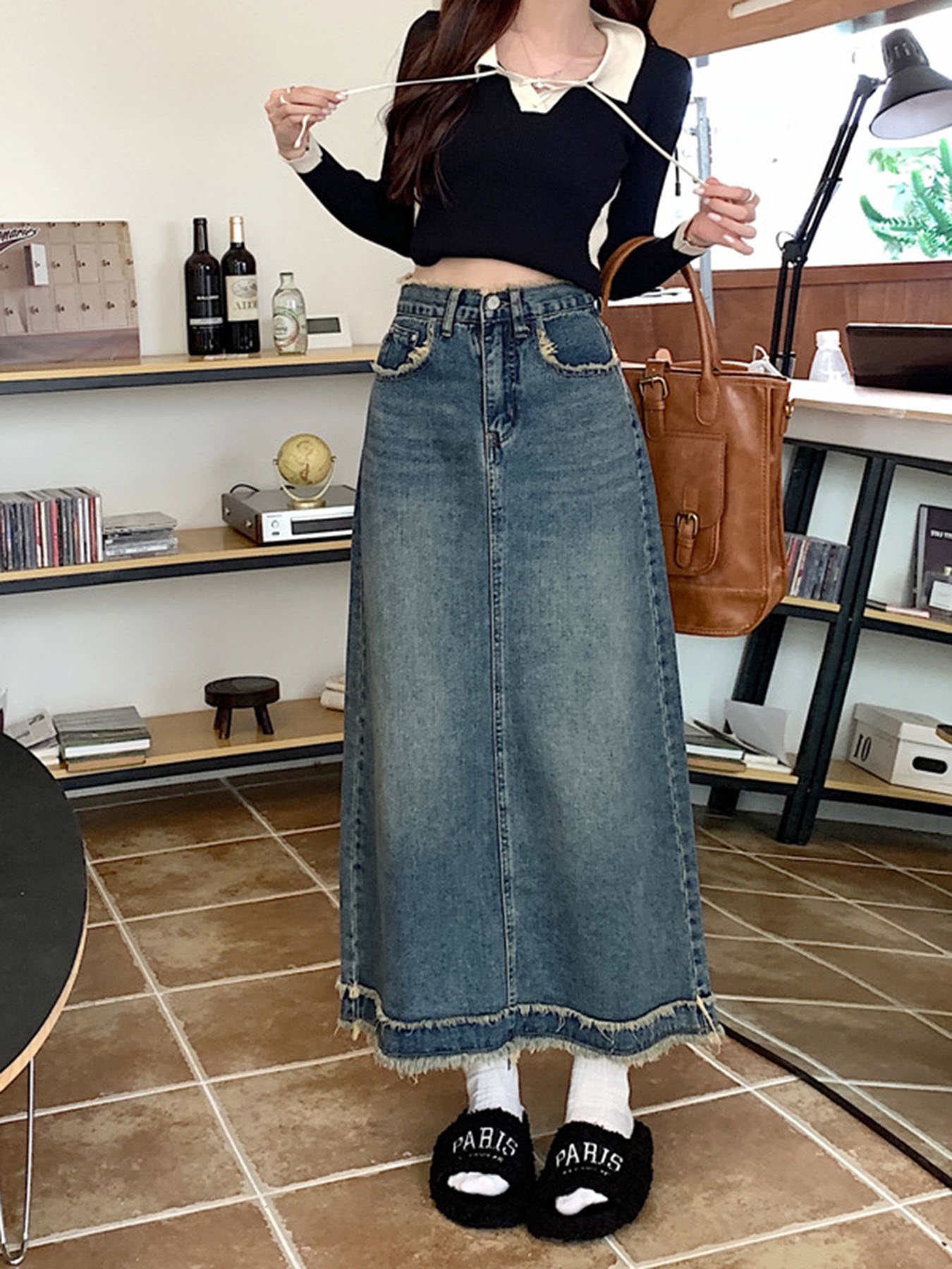 A-Line Skirt Midi - Vintage geruite denim midi rok met