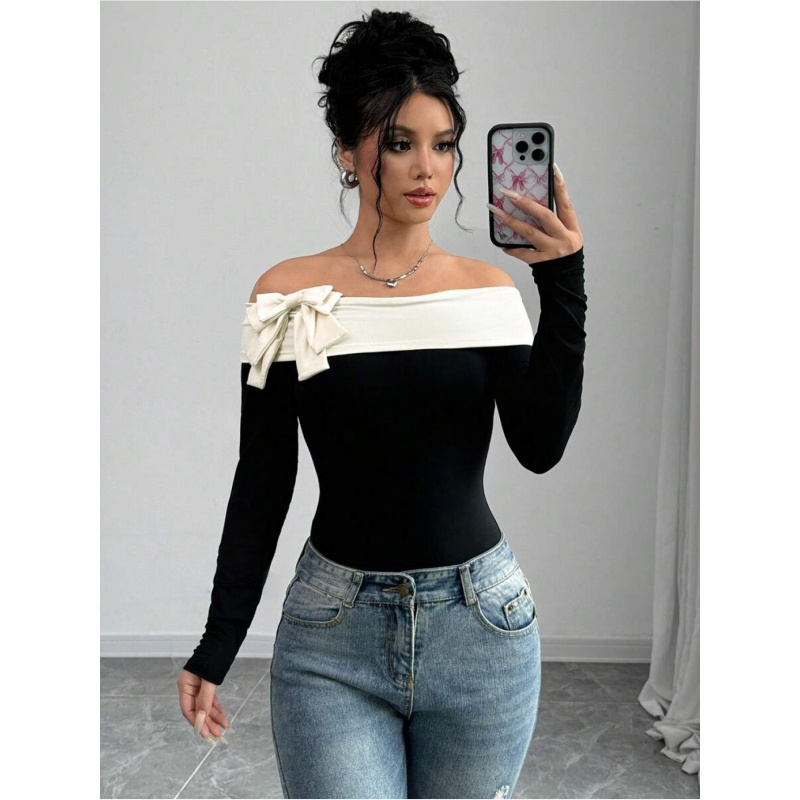 Women Fashion Wear - Off-shoulder bodysuit met strikdecoratie | Casual